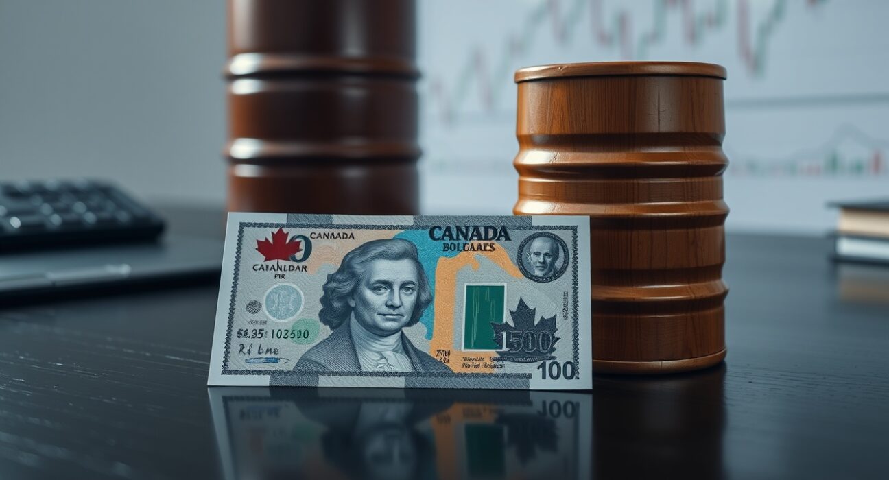 Canadian dollar banknote and oil barrel on a desk, representing currency and commodity market correlation.