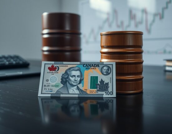 Canadian dollar banknote and oil barrel on a desk, representing currency and commodity market correlation.