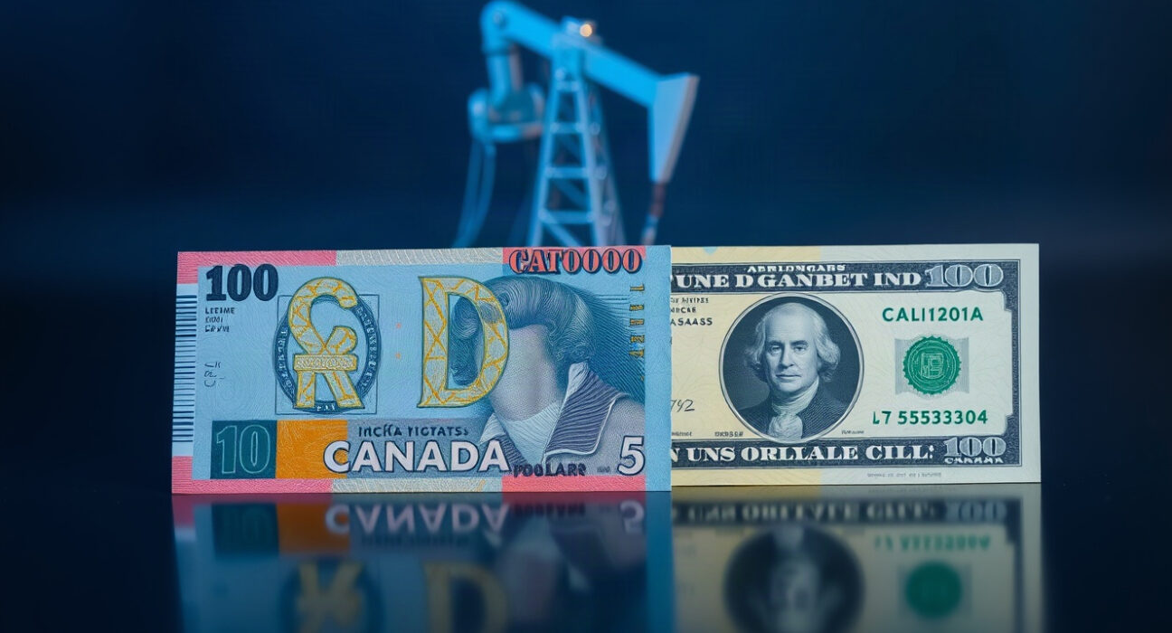 Canadian and US dollar banknotes with oil derrick in background, symbolizing currency pressure from oil and tariffs.