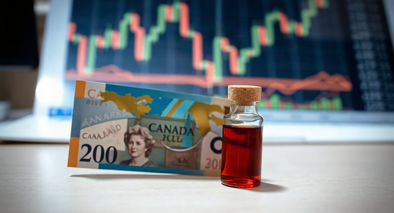 Canadian dollar banknote and oil vial on desk with financial charts in background