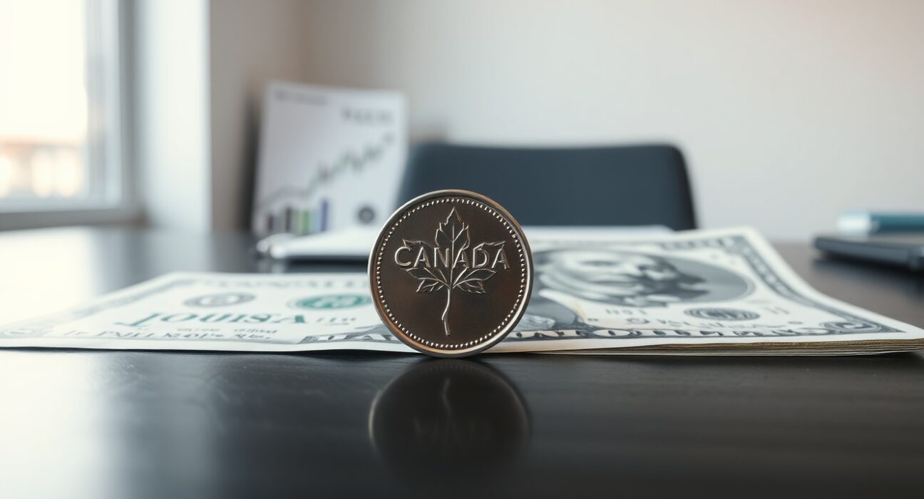 Canadian loonie coin and US dollar bill on desk representing USD/CAD exchange rate decline