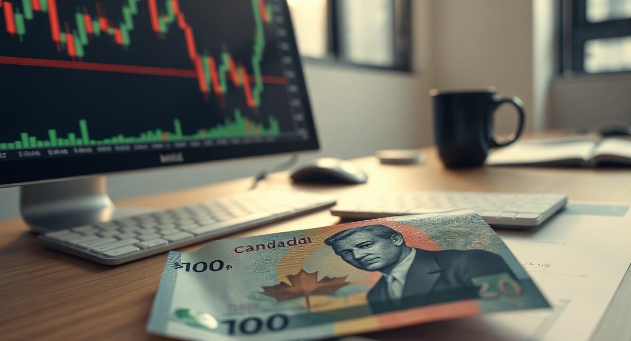 Canadian dollar banknote with a trading chart on a monitor in the background