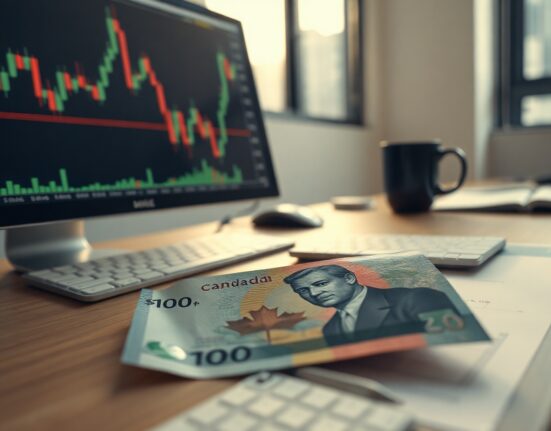 Canadian dollar banknote with a trading chart on a monitor in the background