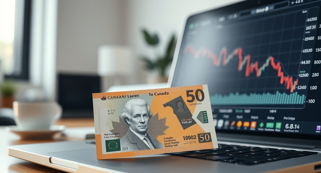 Canadian dollar banknote next to a laptop showing a downward forex chart, representing trade dispute impact.