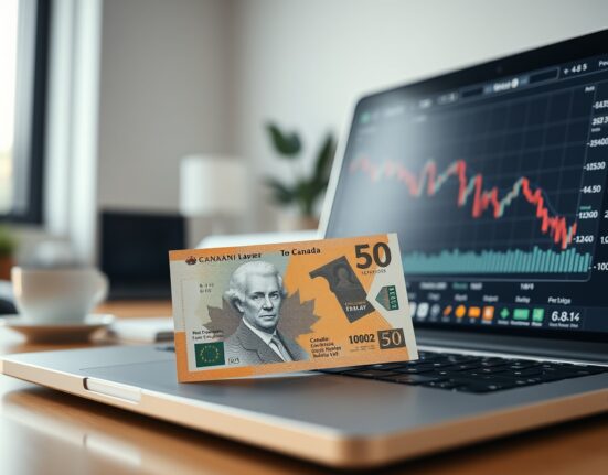 Canadian dollar banknote next to a laptop showing a downward forex chart, representing trade dispute impact.