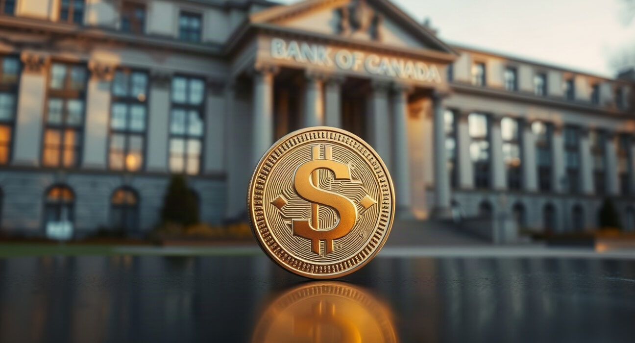 Canadian dollar coin in focus against the Bank of Canada building, representing currency market analysis.