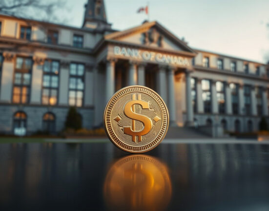 Canadian dollar coin in focus against the Bank of Canada building, representing currency market analysis.