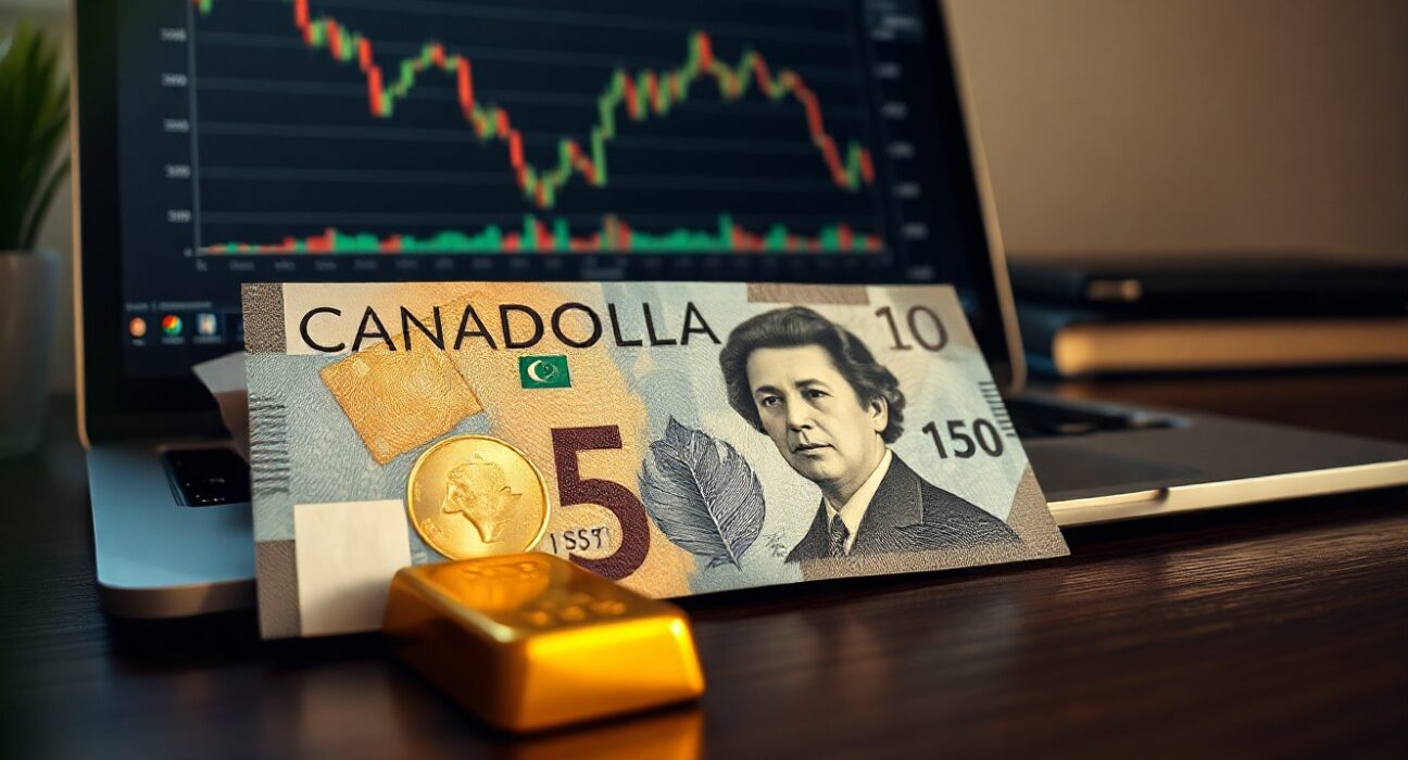 Canadian dollar banknote and gold bar on desk with financial chart on laptop screen