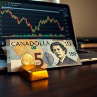 Canadian dollar banknote and gold bar on desk with financial chart on laptop screen
