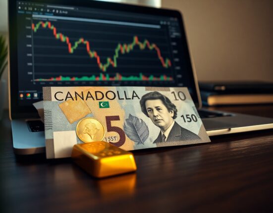 Canadian dollar banknote and gold bar on desk with financial chart on laptop screen