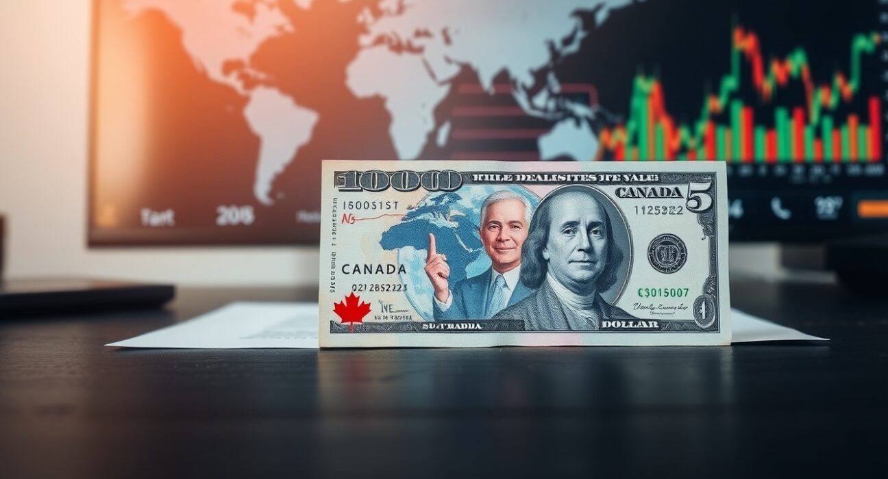 Canadian dollar and US dollar banknotes on a desk with a world map background