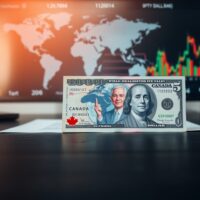 Canadian dollar and US dollar banknotes on a desk with a world map background