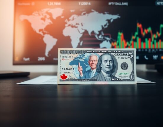 Canadian and US dollar banknotes on a desk with financial charts in the background