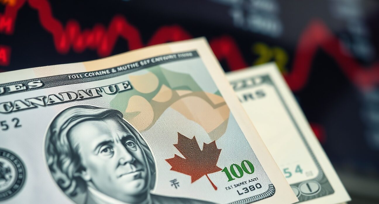 Close-up of Canadian and US currency against a financial market backdrop.
