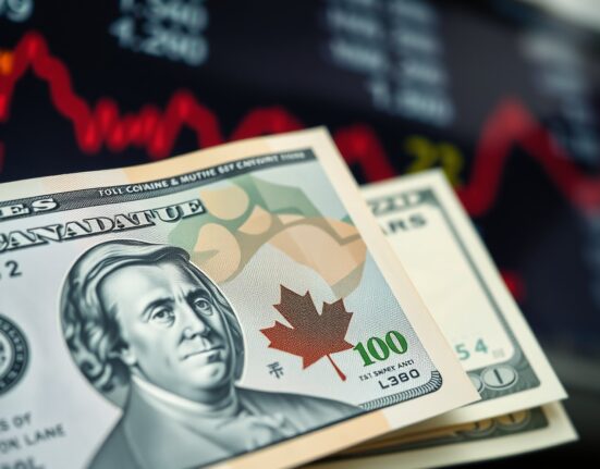 Close-up of Canadian and US currency against a financial market backdrop.