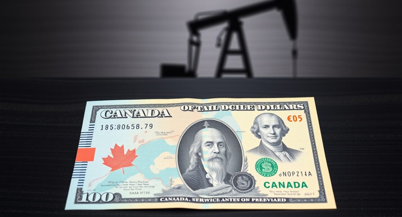 Canadian dollar and US dollar banknotes on a dark surface with a blurred oil derrick in the background.