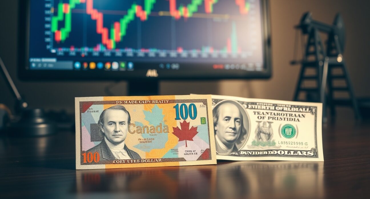 Canadian and US dollar banknotes on a desk with a forex chart and oil model in background
