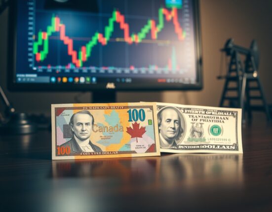 Canadian and US dollar banknotes on a desk with a forex chart and oil model in background