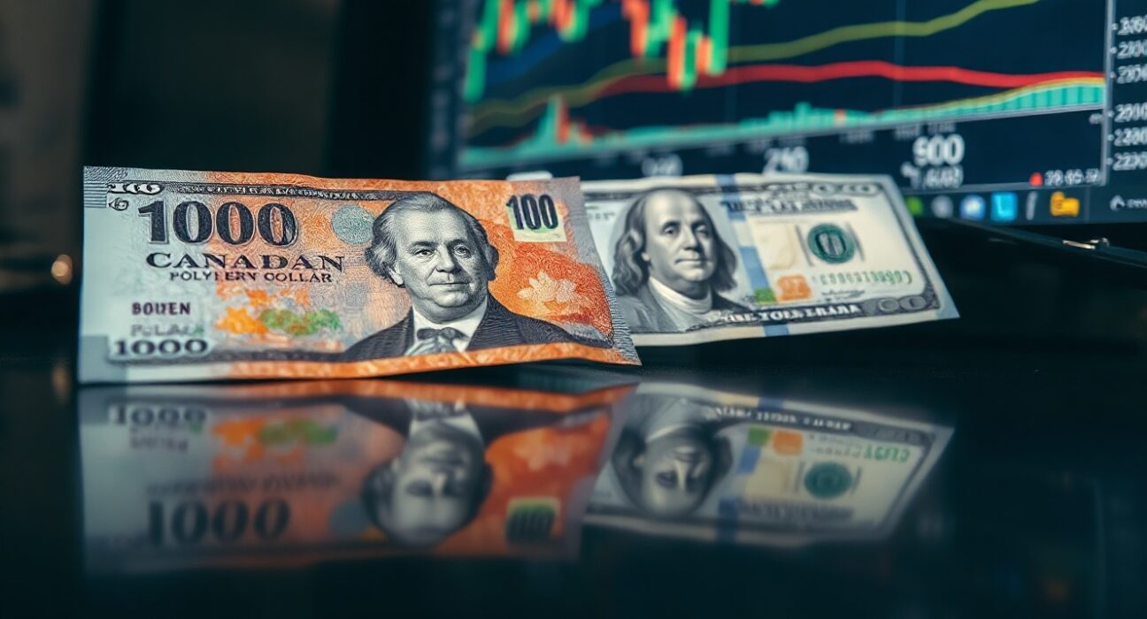 Canadian and US dollar banknotes on a financial desk with a chart in the background.