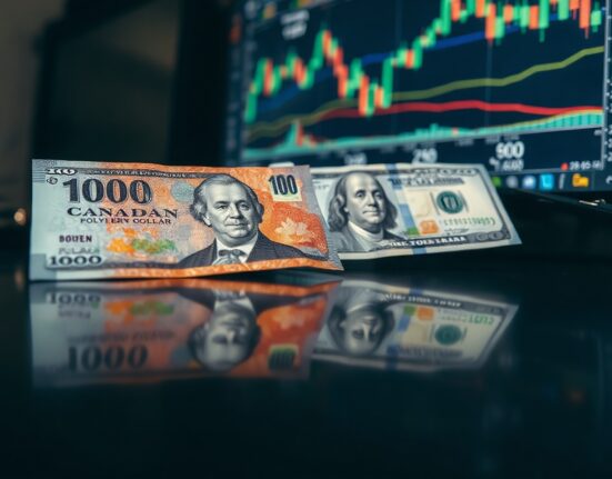 Canadian and US dollar banknotes on a financial desk with a chart in the background.