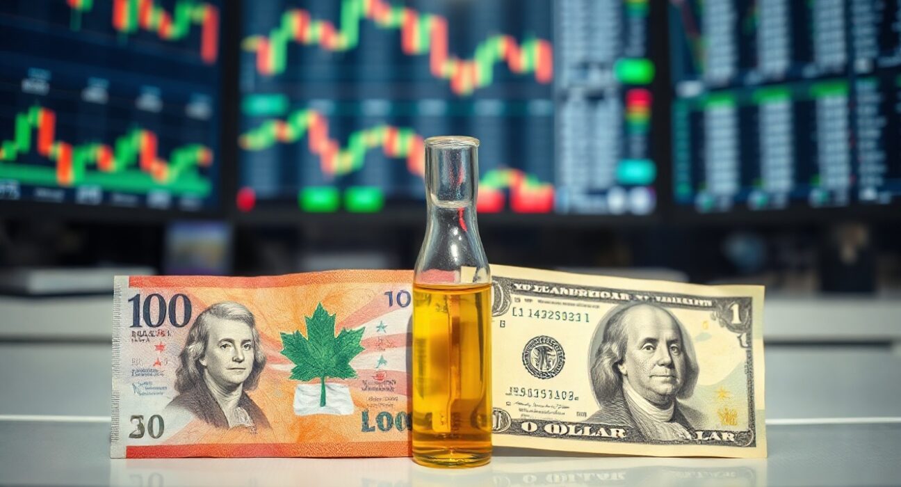 Canadian and US dollar banknotes with crude oil vial on a trading desk