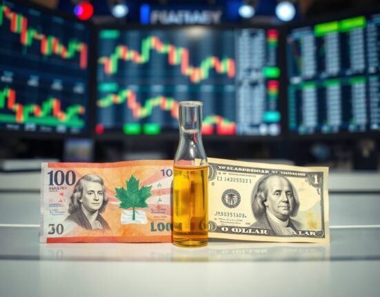 Canadian and US dollar banknotes with crude oil vial on a trading desk