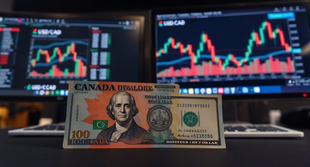Canadian and US dollar banknotes on a trading desk with a monitor showing USD/CAD chart