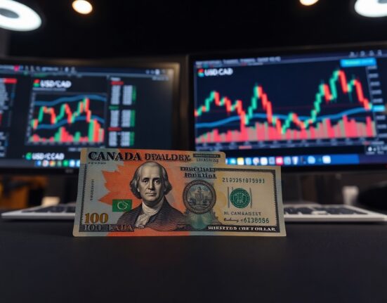 Canadian and US dollar banknotes on a trading desk with a monitor showing USD/CAD chart