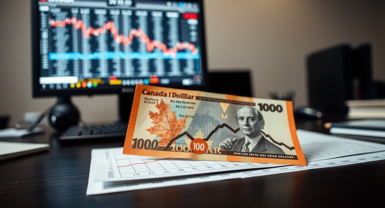 Canadian dollar banknote and economic chart on a desk, representing forex analysis after weak GDP data.