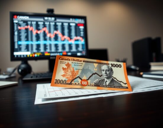 Canadian dollar banknote and economic chart on a desk, representing forex analysis after weak GDP data.