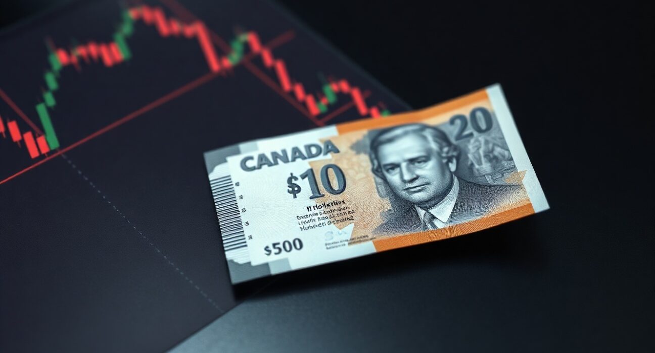 Canadian Dollar banknote on a trading desk with a forex chart showing range-bound levels.