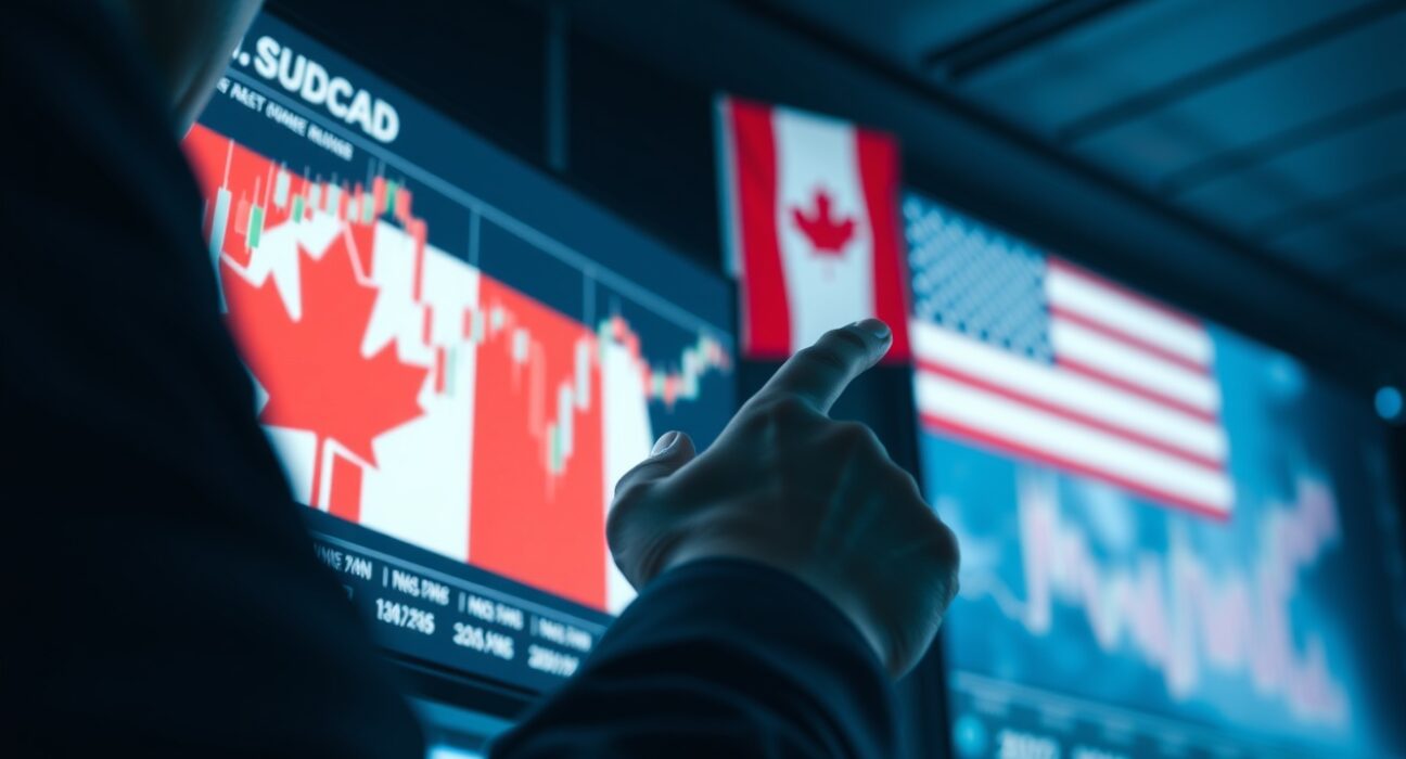 Financial analyst pointing at USDCAD chart on digital screen with Canadian and US flags in background