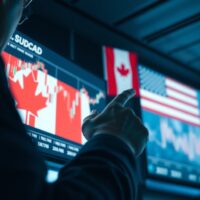 Financial analyst pointing at USDCAD chart on digital screen with Canadian and US flags in background
