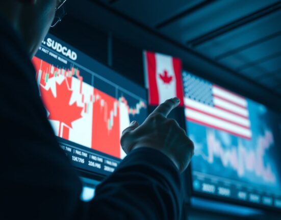 Financial analyst pointing at USDCAD chart on digital screen with Canadian and US flags in background