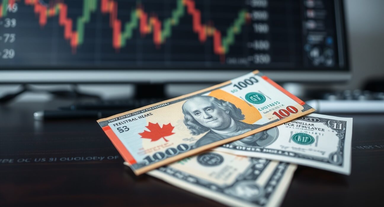 Canadian and U.S. dollar banknotes on a desk with a financial chart background