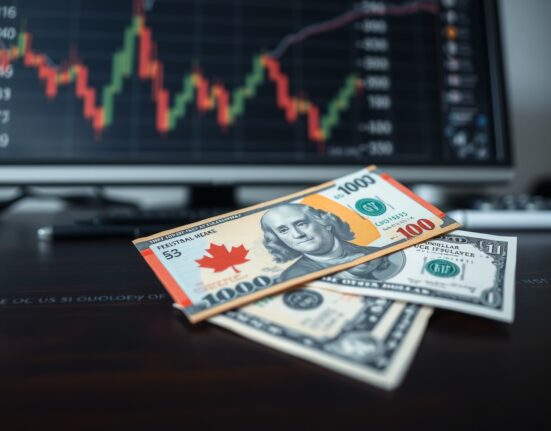 Canadian and U.S. dollar banknotes on a desk with a financial chart background