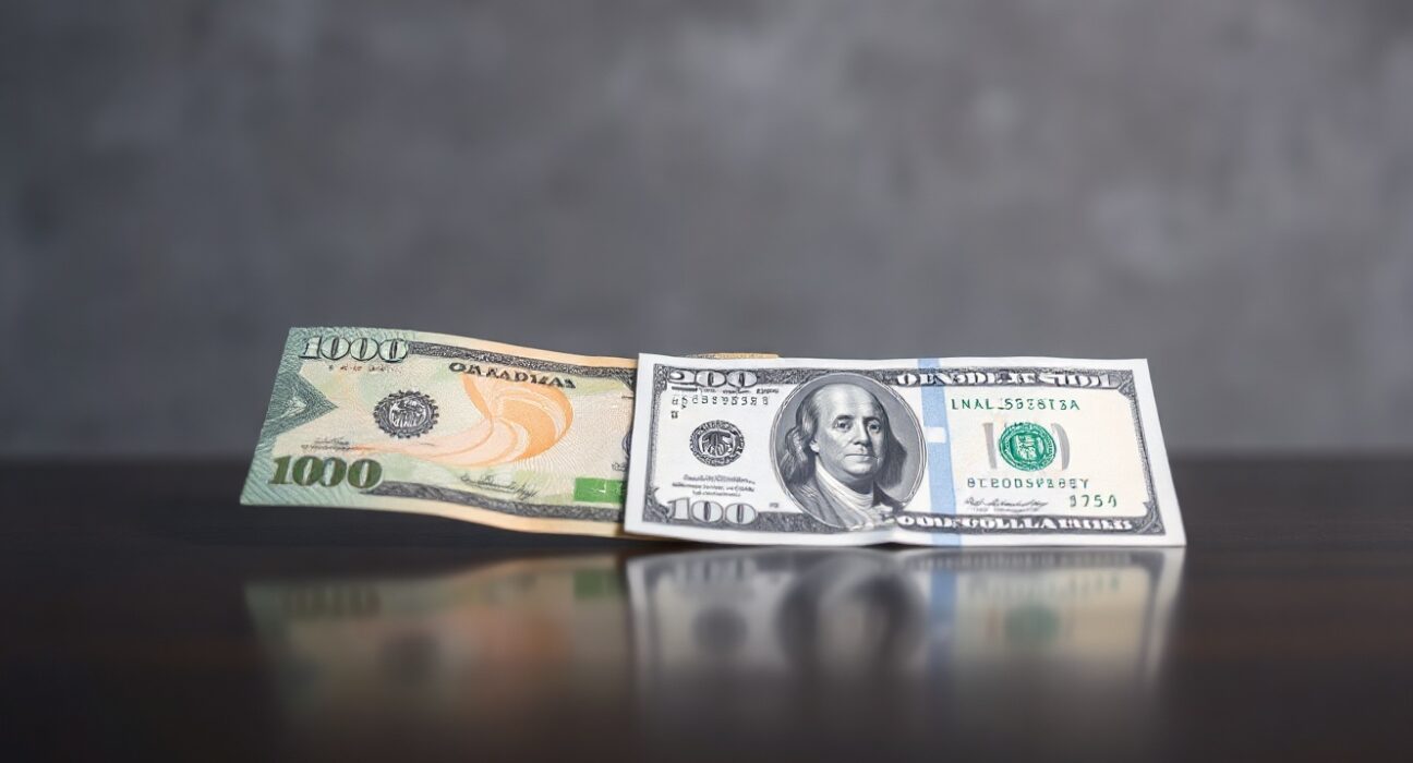 Canadian and US dollar banknotes on a dark surface representing forex trading analysis.