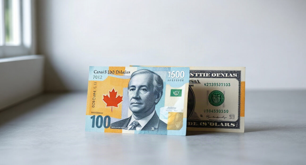 Canadian and US dollar banknotes on a neutral background with a blurred chart