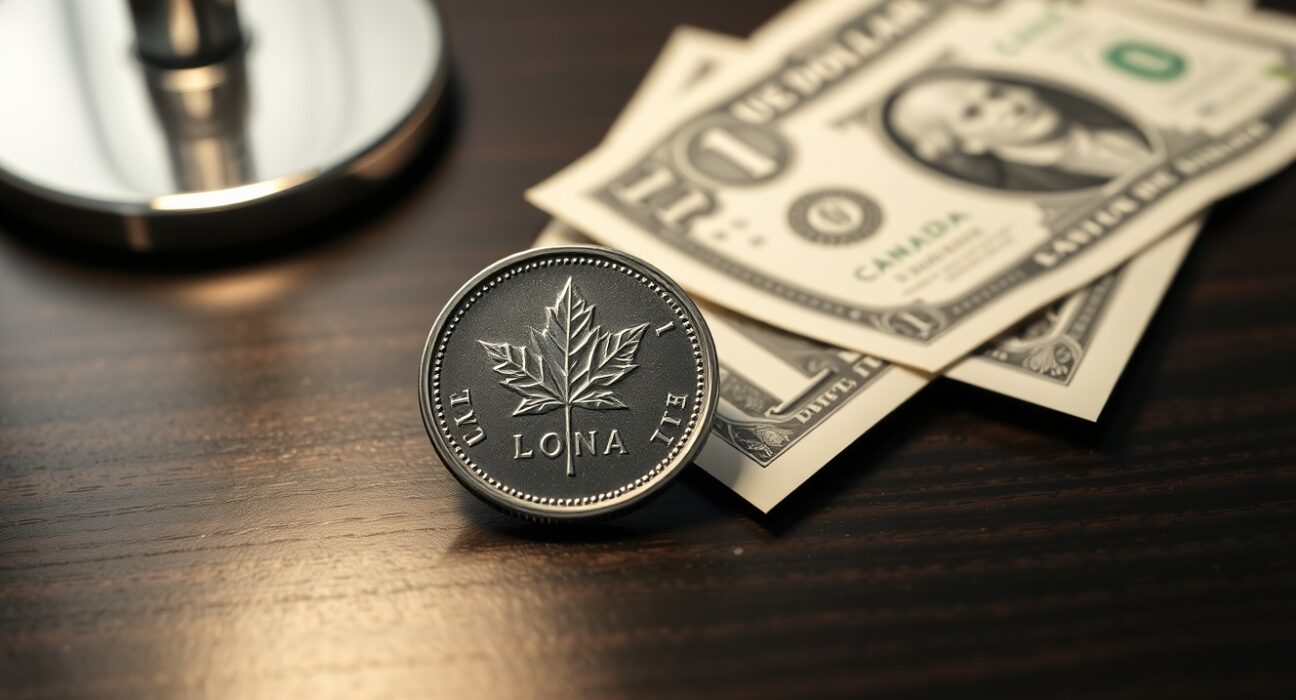 Canadian loonie coin and US dollar bill on a desk representing forex market analysis.