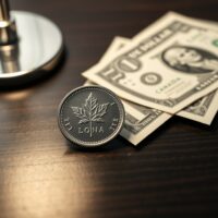 Canadian loonie coin and US dollar bill on a desk representing forex market analysis.