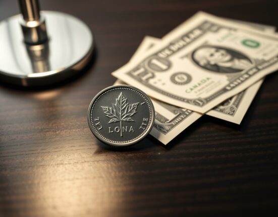 Canadian loonie coin and US dollar bill on a desk representing forex market analysis.