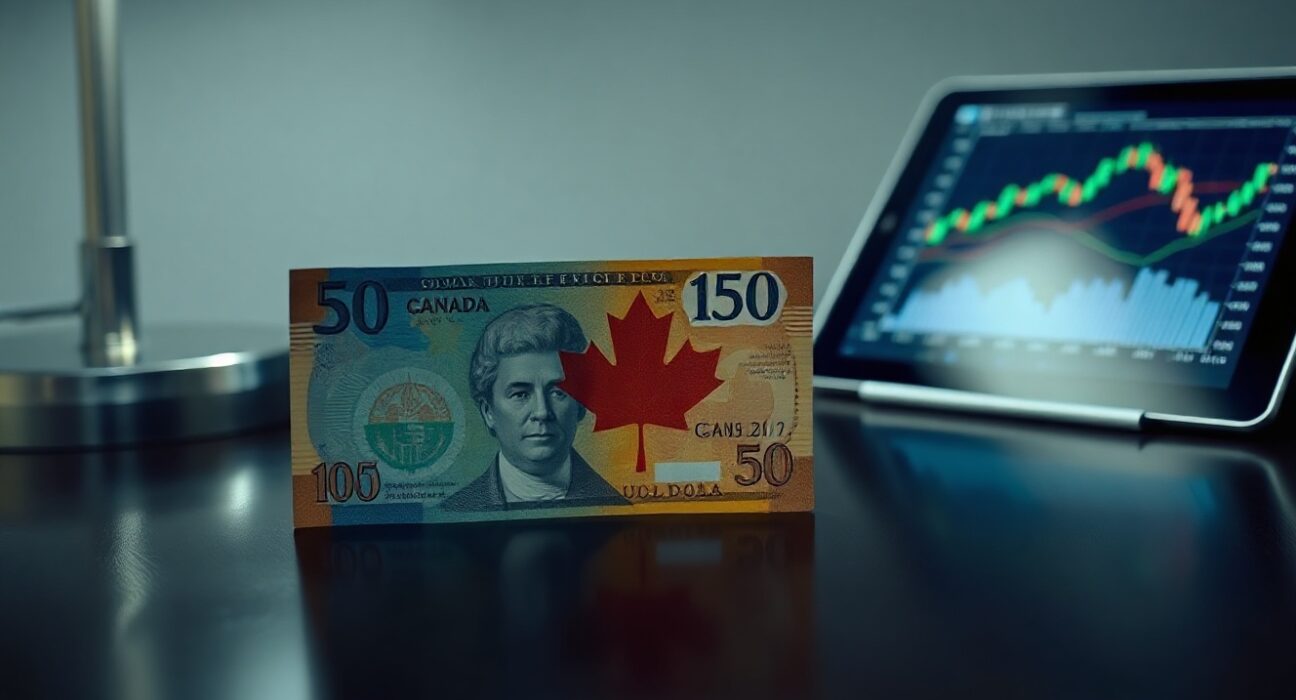 Canadian dollar and US dollar banknotes on a desk, representing forex market analysis.