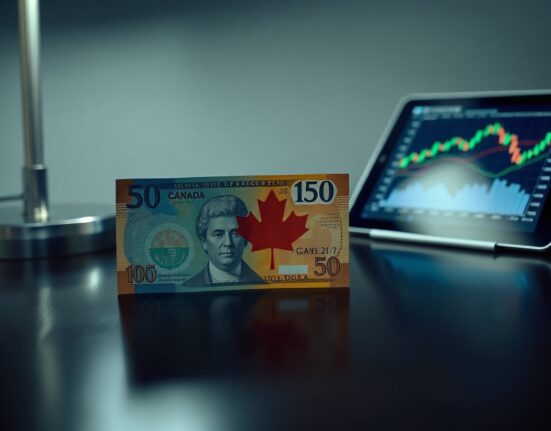 Canadian dollar and US dollar banknotes on a desk, representing forex market analysis.