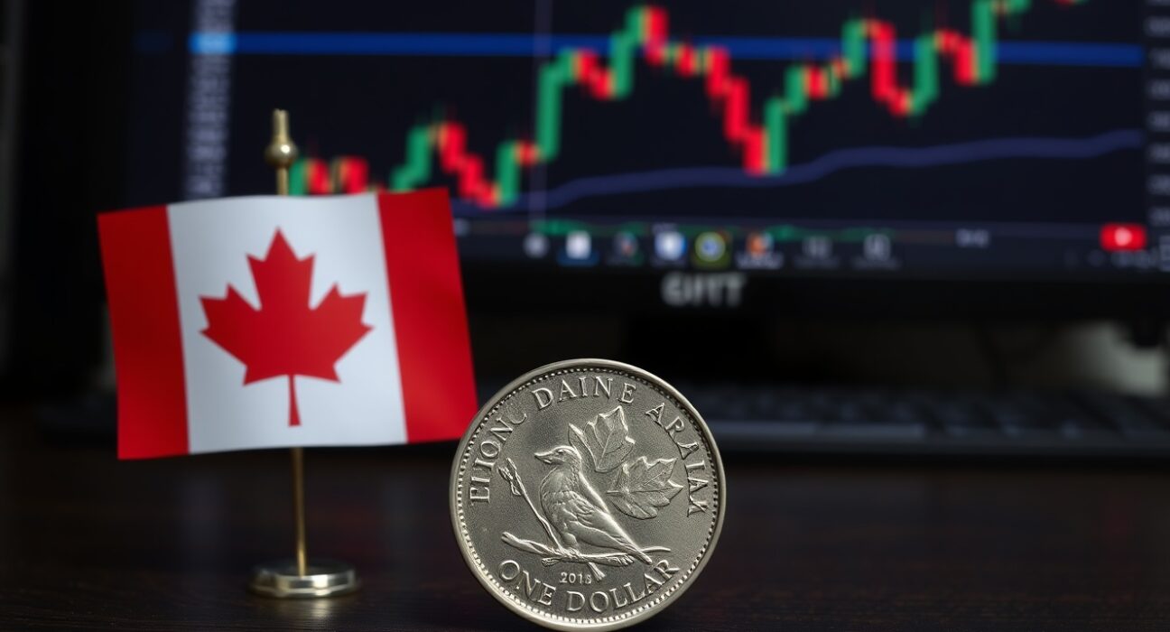 Canadian Loonie coin on a desk with a flag and forex chart in the background