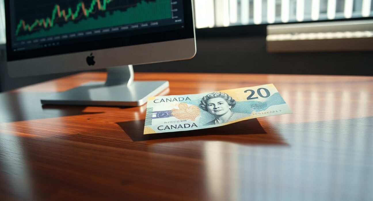 Canadian dollar banknote on desk beside forex chart showing uptrend