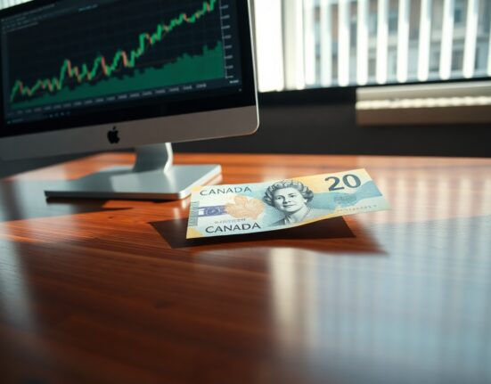 Canadian dollar banknote on desk beside forex chart showing uptrend
