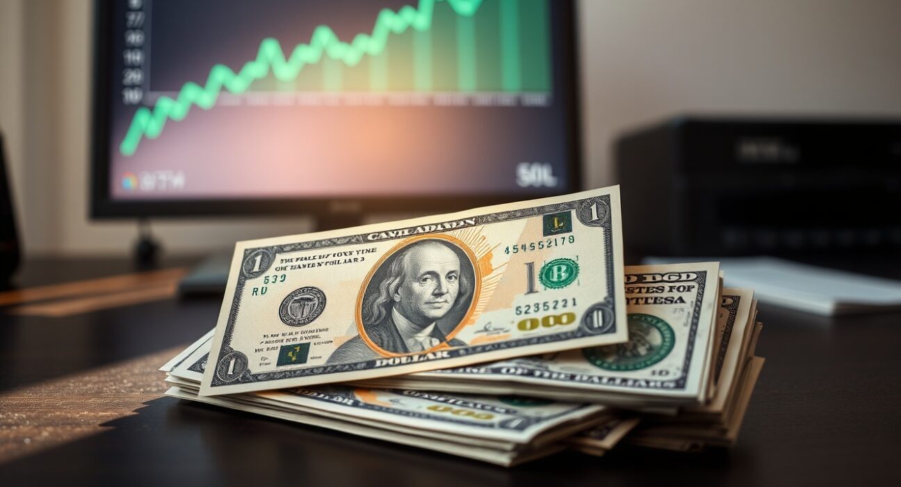 Canadian dollar and US dollar bills on a desk with a financial chart showing an upward trend line.