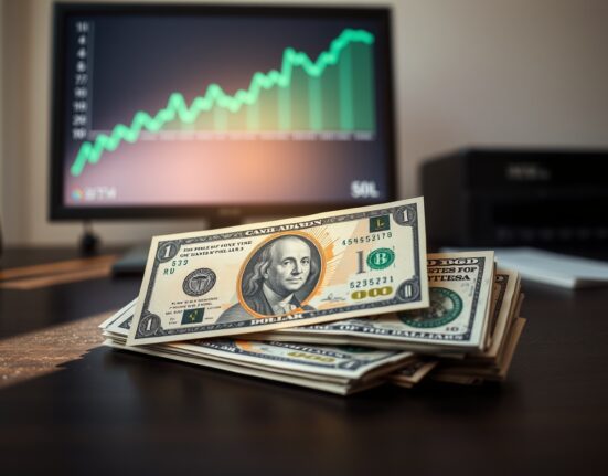 Canadian dollar and US dollar bills on a desk with a financial chart showing an upward trend line.