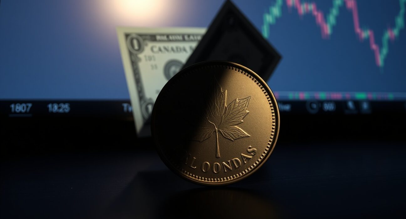 Canadian loonie coin partially shadowed by a U.S. dollar bill on a desk, representing currency resistance.