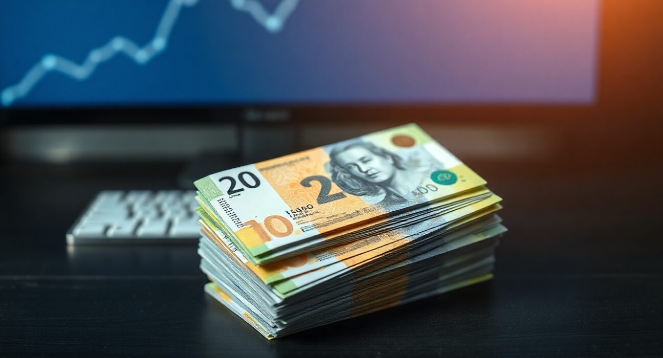 Stack of Canadian dollar banknotes on a desk with a subtle upward graph in the background indicating a currency rebound.